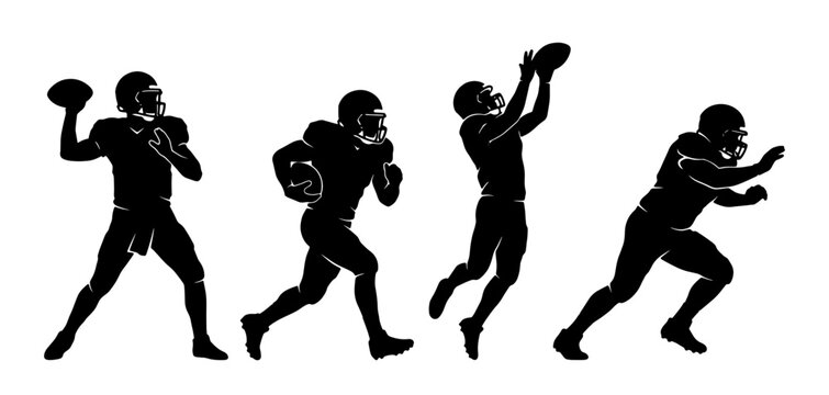 American football player silhouettes set with quarterback throwing, running back rushing and receiver catching for sports logo and print
