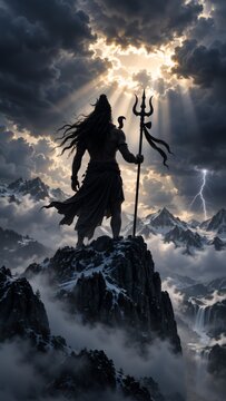 A silhouetted mythic warrior holds a trident on a rugged snowy mountain peak beneath dramatic storm clouds, sunbeams, lightning, and misty alpine cliffs, evoking power and fantasy. Lord Shiva