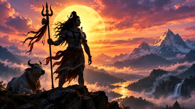 A mythic warrior holding a trident stands beside a bull on a rocky peak, overlooking a glowing mountain valley with waterfalls, misty forests, and a dramatic sunset sky. Lord Shiva