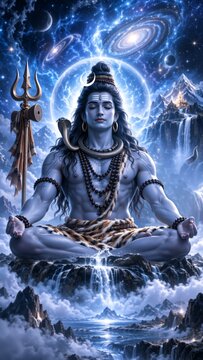 A majestic depiction of Lord Shiva meditating, surrounded by a blue cosmic aura, symbolizing peace, power, and divine wisdom. . High quality 4k footage Lord Shiva