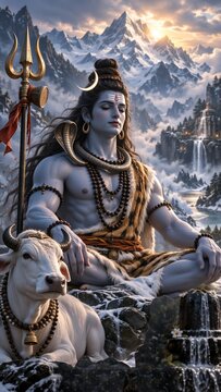 A serene blue-skinned Hindu deity with a crescent moon and prayer beads sits beside a white bull near a trident, waterfalls, and snowy Himalayan peaks, evoking devotion and peace. Lord Shiva