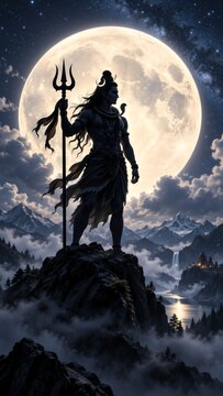 silhouetted mythic figure holds trident on rocky peak beneath luminous full moon, while misty mountains, clouds, and a forest valley create a dramatic nocturnal scene of spiritual mystery. Lord Shiva