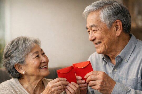 Elderly couple exchanging red envelopes hongbao for lunar new year family reunion and holiday greeting card design