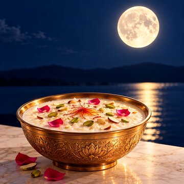 Traditional indian kheer dessert in an ornate golden bowl for karwa chauth