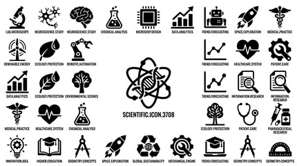 Fototapeta premium Science and Technology Icons Set: DNA, Brain, Rocket, Gear, Microscope, Heart, Robot