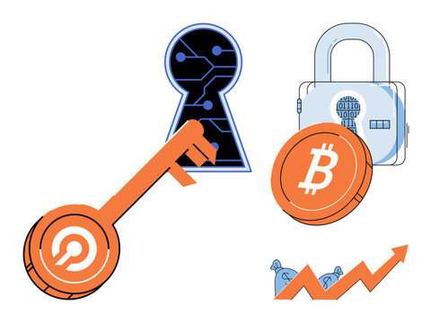 Bitcoin and digital key with padlock vector illustration. Blockchain security, financial protection, cyber safety, investment growth, crypto wallet, asset management. Virtual currency access