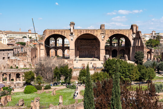 Rome, Italy - April 09, 2026 - Basilica of Maxentius ruins and massive arches in the Roman Forum Rome