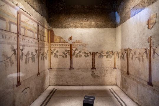 Rome, Italy - April 09, 2026 - Colorful Ancient Frescoes and Wall Paintings inside the House of Augustus on the Palatine Hill, Rome