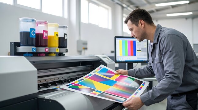 Professional Male Technician Inspecting High-Quality Color Print from Large Format Industrial Plotter Machine in Modern Printing House, Focus on CMYK Color Accuracy and Quality Control