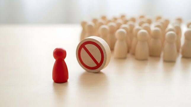 Social Exclusion and Discrimination Concept Featuring a Red Wooden Pawn Separated from a Large Crowd by a Prohibited Sign Symbolizing Restriction or Being Outcast