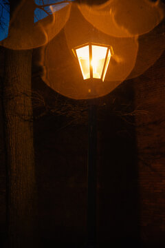 Vintage lantern casts warm glow against brick masonry