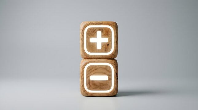 Wooden Blocks with Plus and Minus Symbols on a Minimal Gray Background