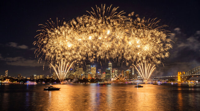 Spectacular golden fireworks filling a dark night sky during a luxurious New Year cel