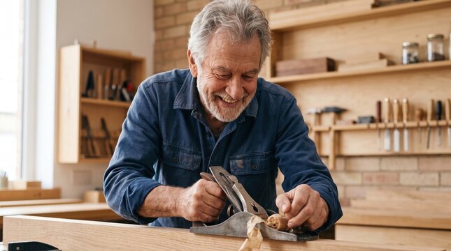 Elderly people actively maintain and renovate their cozy country home. A focused senior man expertly smooths a wooden board using a traditional hand plane.