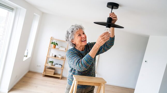 Elderly people actively maintain and renovate their cozy country home. A happy senior woman reaches up to carefully adjust a modern black ceiling light fixture.