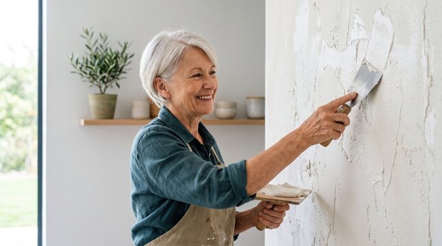 Elderly people actively maintain and renovate their cozy country home. A focused senior woman smoothly applies white plaster to repair a textured wall surface.