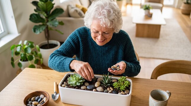 Elderly people actively maintain and renovate their cozy country home. A smiling older woman beautifully arranges green plants in a decorative indoor planter.