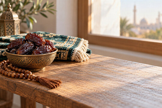 Bowl of dates with prayer beads, folded prayer rug on rustic wooden table at window, ramadan still life with copy space