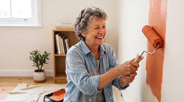 Elderly people actively maintain and renovate their cozy country home. A cheerful older woman uses a bright orange roller to paint the walls of her room.