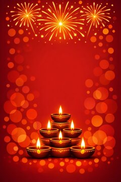 Diwali celebration with stacked diyas and fireworks on red bokeh background for festival greeting card banner and festive wallpaper design