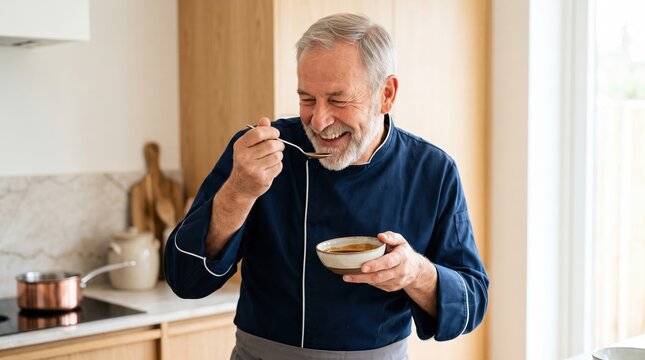 Senior content creators share their lifestyle online. A happy older man tastes his delicious culinary creation indoors.