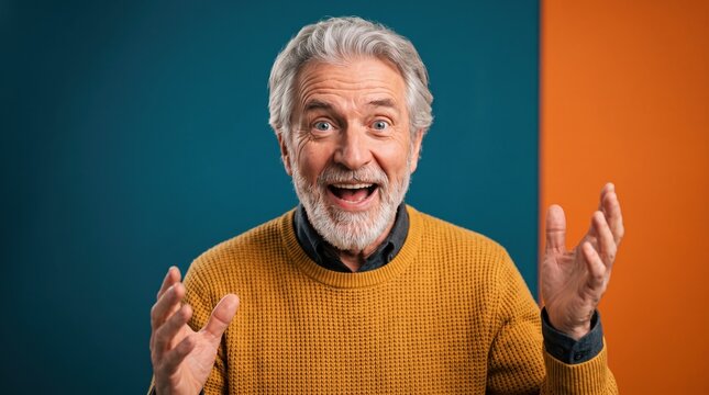 Senior content creators share their lifestyle online. A surprised older man raises his hands in absolute astonishment.