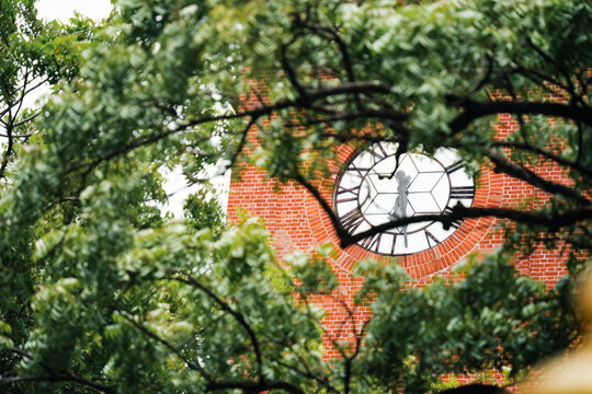 View of an old clock tower with red brick masonry framed by lush green tree branches in India.