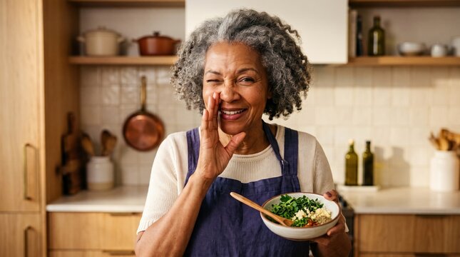Senior content creators share their lifestyle online. A laughing older woman shares a fun culinary tip on camera.