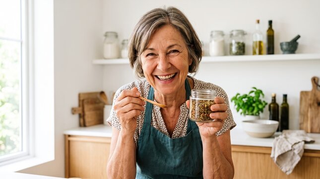 Senior content creators share their lifestyle online. A smiling older woman shares a healthy recipe from her kitchen.