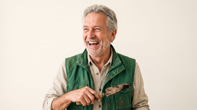 Senior content creators share their lifestyle online. A cheerful older man laughs while holding a small gardening tool indoors.