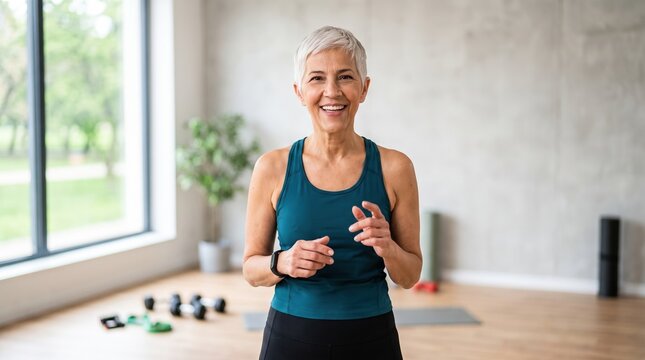 Senior content creators share their lifestyle online. A fit older woman poses confidently in a bright indoor exercise studio.