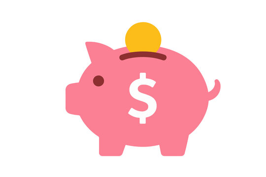 Pink piggy bank with yellow coin isolated on transparent background for financial savings and investment concepts