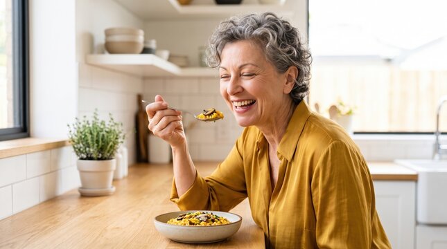 Senior content creators share their lifestyle online. A happy older woman tastes a delicious meal in a bright modern kitchen.