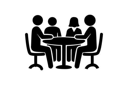 Meeting icon with four people sitting at a round table isolated on transparent background