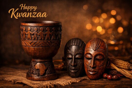Traditional carved wooden kwanzaa cups and african masks still life with warm bokeh lighting for kwanzaa greeting card background and cultural holiday banner