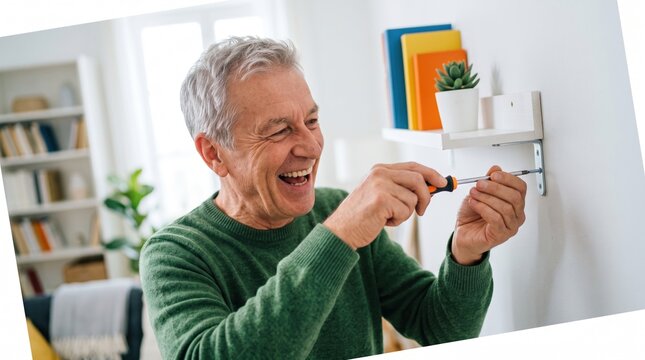 Elderly people actively maintain and renovate their cozy country home. A smiling older gentleman uses a screwdriver to tightly secure a metal bracket for a wall shelf.