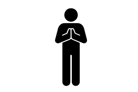 Person praying icon isolated on transparent background, flat black silhouette of hands in prayer gesture