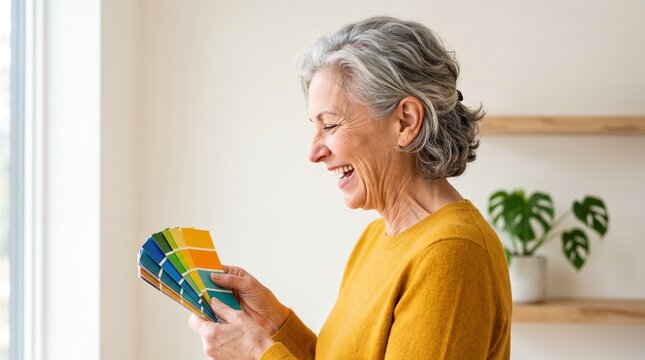 Elderly people actively maintain and renovate their cozy country home. A smiling senior woman enthusiastically compares colorful paint swatches against her living room wall.