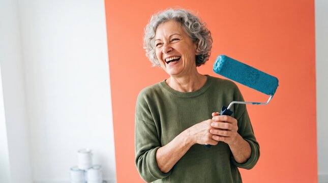 Elderly people actively maintain and renovate their cozy country home. A delighted senior woman laughs out loud while holding a blue paint roller ready for her next wall.