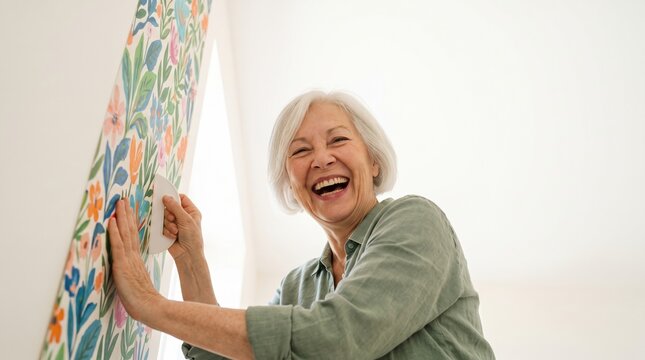 Elderly people actively maintain and renovate their cozy country home. A joyful older woman laughs while smoothing beautiful floral wallpaper onto the wall.