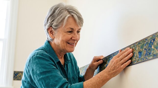 Senior content creators share their lifestyle online. A focused older woman shares a DIY home improvement tip by applying a decorative wall border.