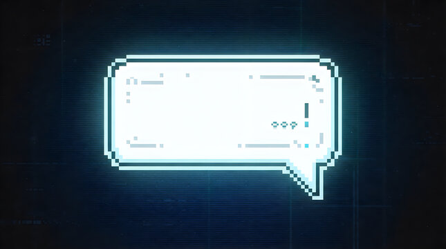 A glowing pixel art speech bubble with a retro digital interface design against a dark crt screen background