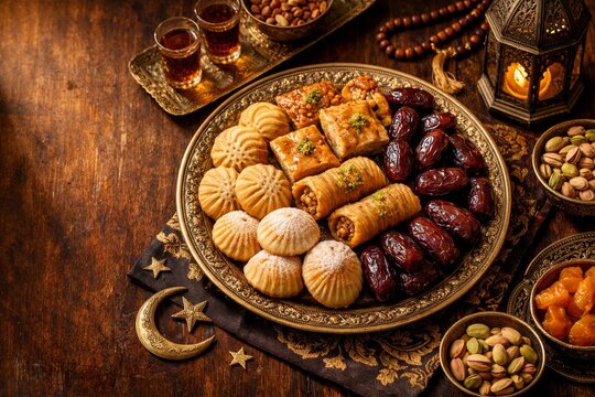 Traditional ramadan iftar dessert platter with dates maamoul baklava pistachios and tea on wooden table for eid celebration menu and festive food styling