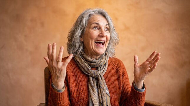 Senior content creators share their lifestyle online. An enthusiastic older woman wearing a backpack shares an inspiring travel story from the mountains.