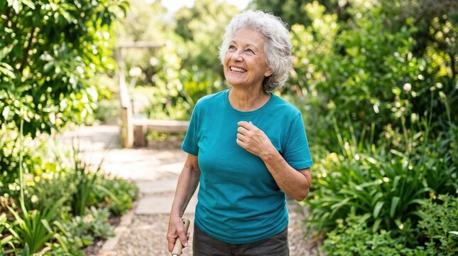 Senior content creators share their lifestyle online. A smiling older volunteer stands in a lush green park while filming an inspiring nature vlog.