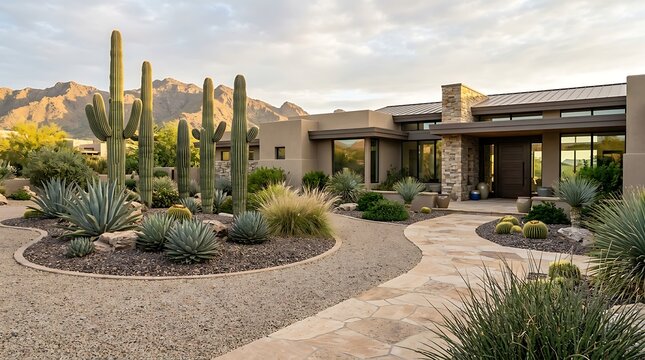A stunning arizona front yard with saguaro cactus and desert landscaping featuring a modern house facade