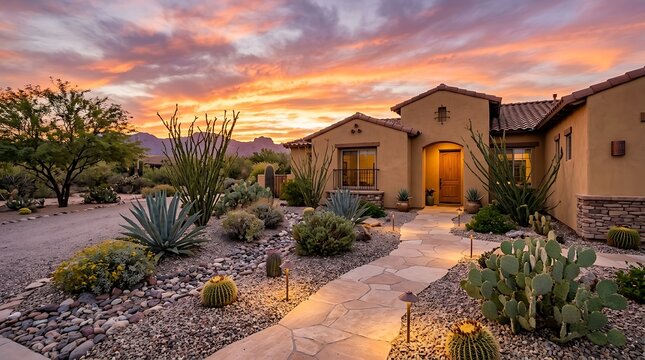 Stunning arizona front yard of a modern southwestern home at sunset with desert landscaping