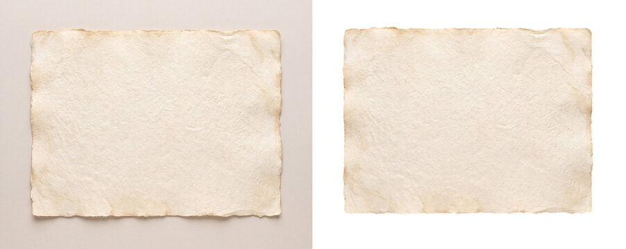 Blank aged stained vintage paper sheet isolated cutout on transparent background