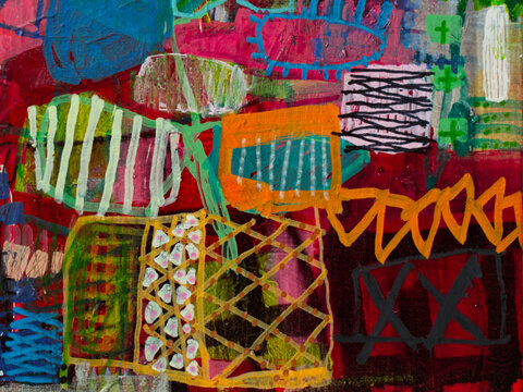 Vivid abstract painting with a golden lattice dotted with white and pink shapes, orange zigzags, black X marks and green crosses on a rich crimson ground.