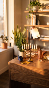 Hanukkah office desk minimalist decor with menorah and plants in modern workspace